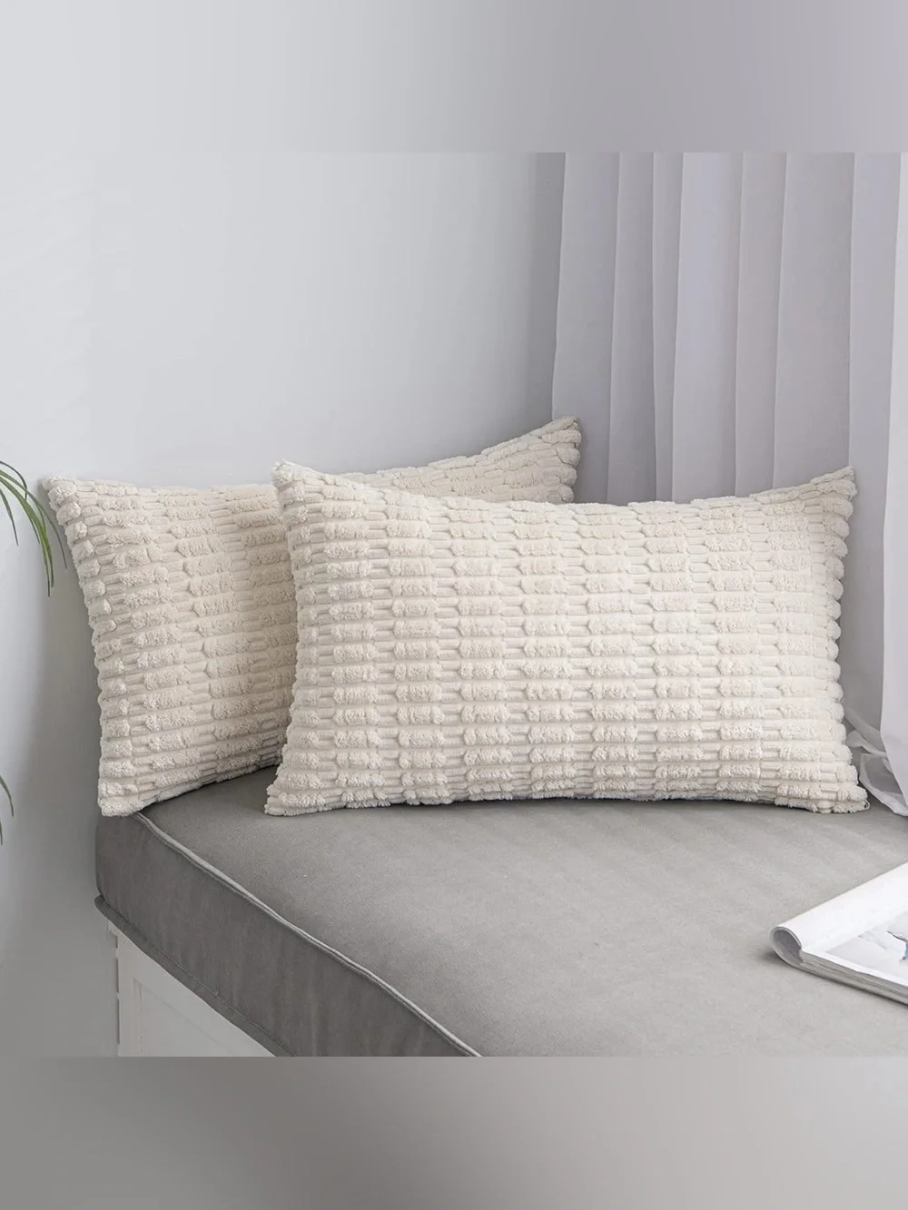 Pack of 2 Cream White Throw Pillow Covers 12x20” Soft Corduroy Boho Contemporary